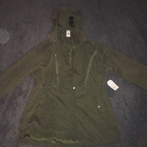 Army green coat jacket with hood and waist tie